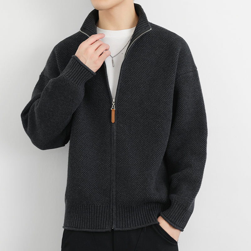 Men Autumn Cardigan Knitted With Zipper Front Stand Collar And Loose Fit