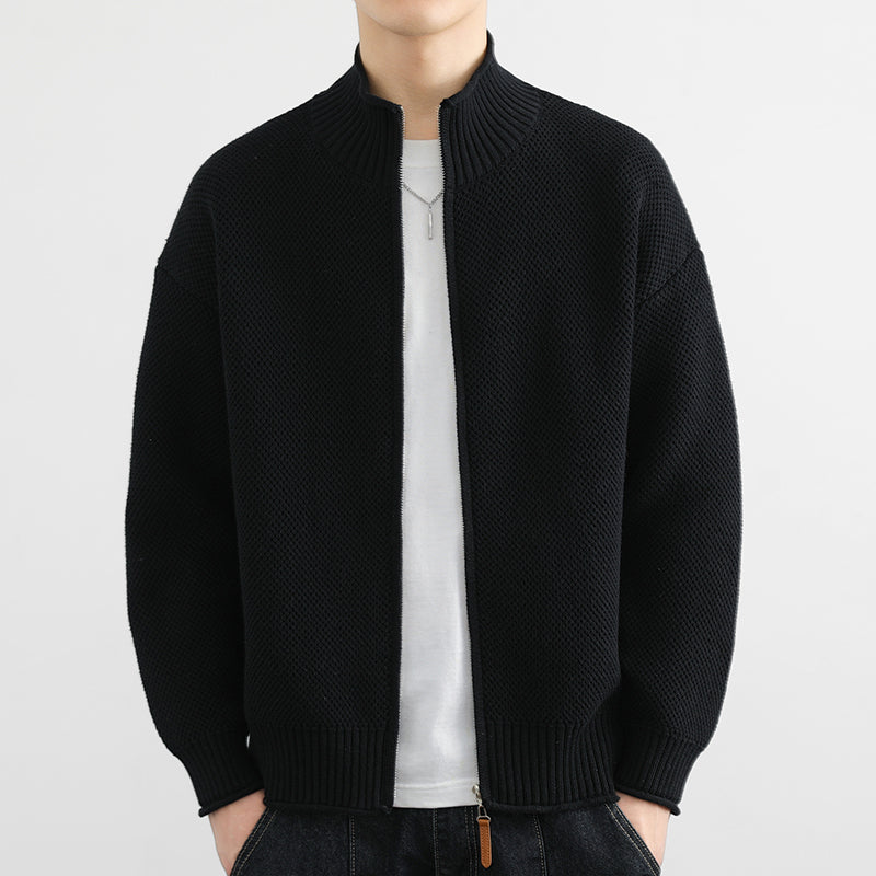 Men Autumn Cardigan Knitted With Zipper Front Stand Collar And Loose Fit