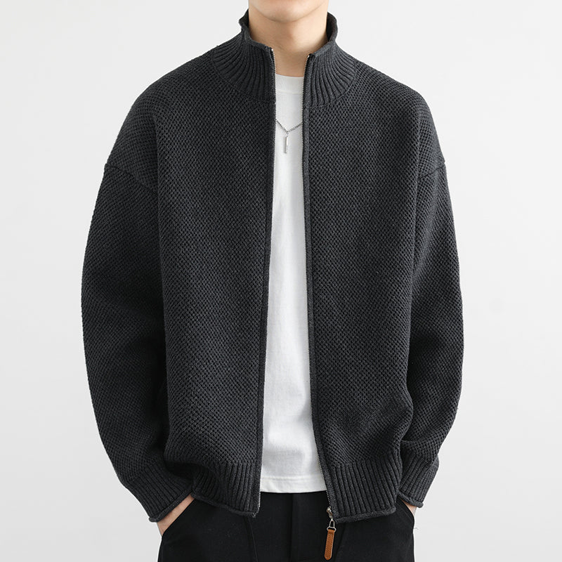 Men Autumn Cardigan Knitted With Zipper Front Stand Collar And Loose Fit