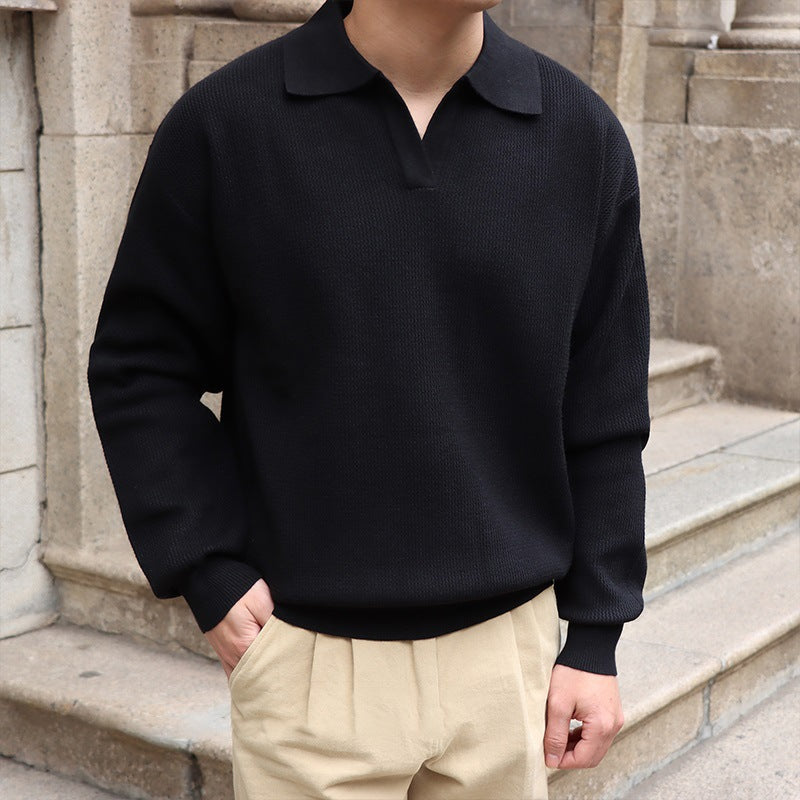 Men Spring Autumn Sweater Slim Fit V-Neck Polo Style With Long Sleeves