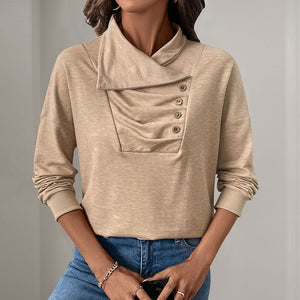 Women Autumn Winter Sweater Long Sleeve Stand Collar With Pleated Front And Button Detail