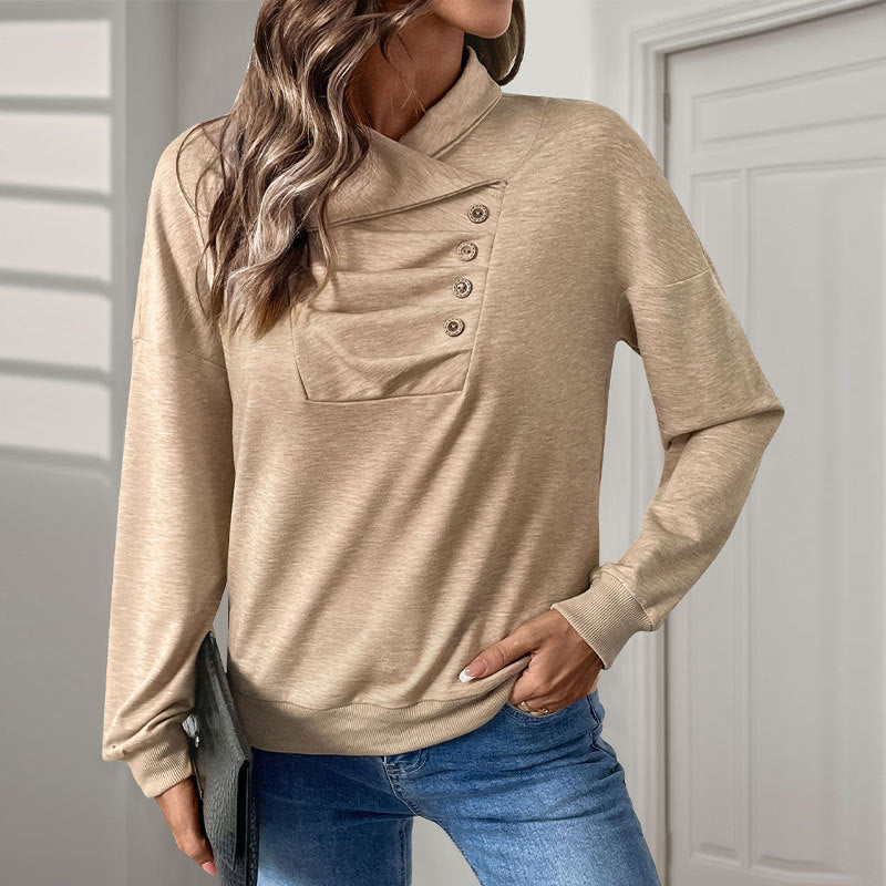 Women Autumn Winter Sweater Long Sleeve Stand Collar With Pleated Front And Button Detail