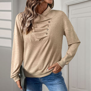 Women Autumn Winter Sweater Long Sleeve Stand Collar With Pleated Front And Button Detail