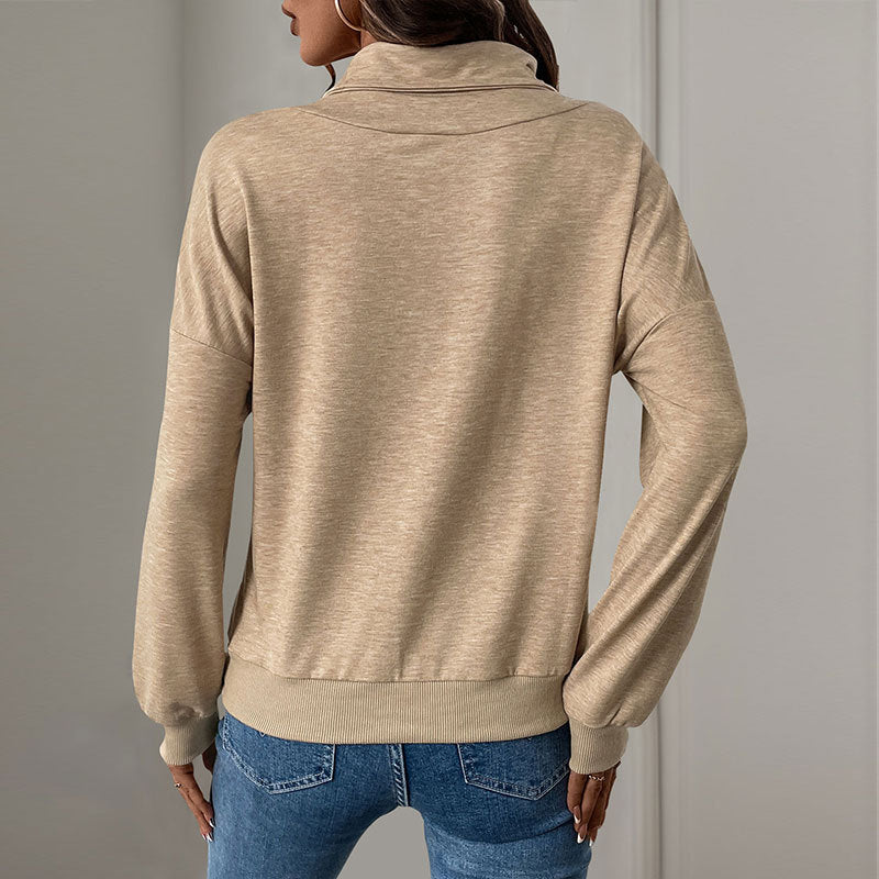 Women Autumn Winter Sweater Long Sleeve Stand Collar With Pleated Front And Button Detail