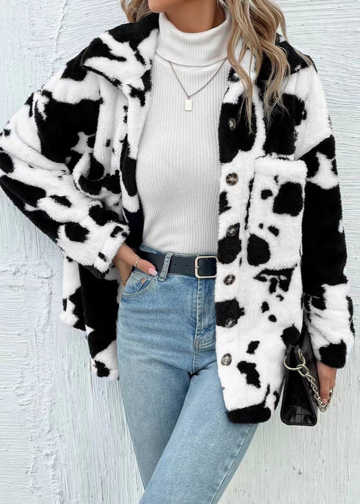 Women Winter Coat Double-Sided Plush Cow Print With Cardigan Front And Pockets