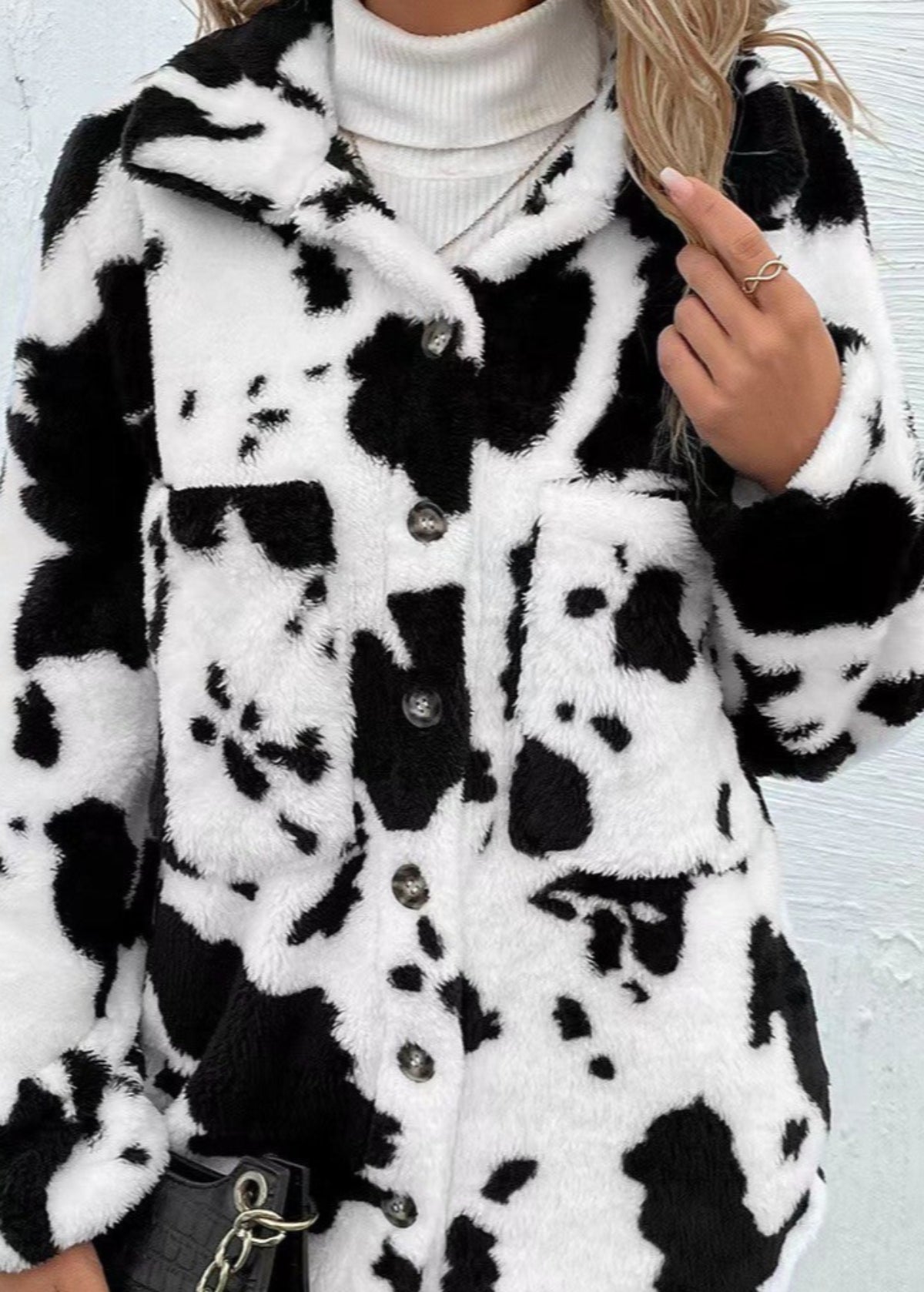 Women Winter Coat Double-Sided Plush Cow Print With Cardigan Front And Pockets