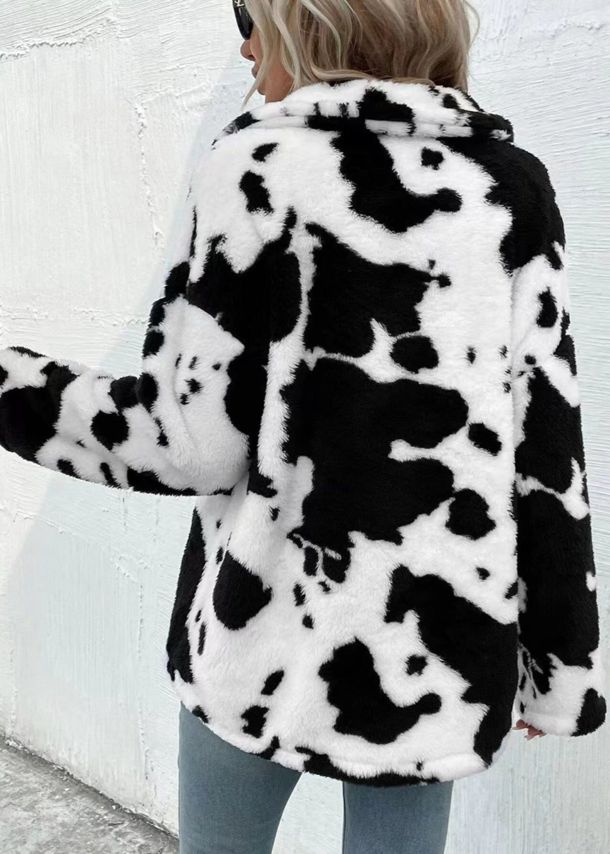 Women Winter Coat Double-Sided Plush Cow Print With Cardigan Front And Pockets