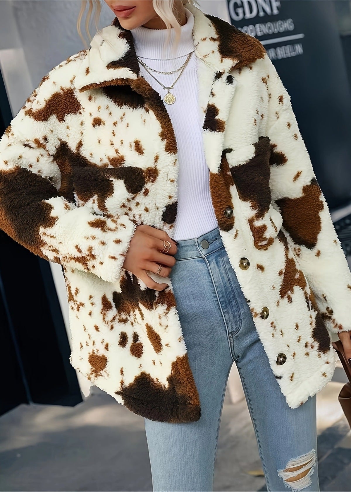 Women Winter Coat Double-Sided Plush Cow Print With Cardigan Front And Pockets