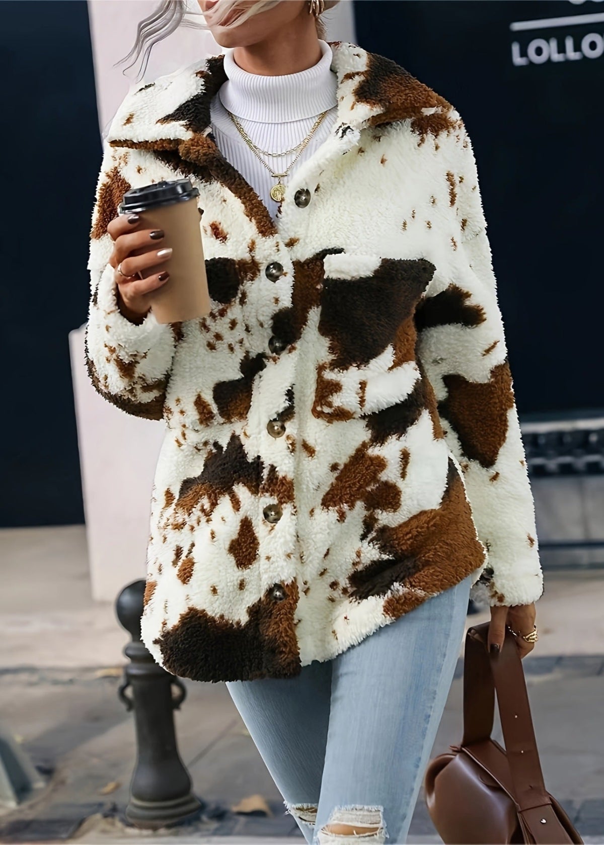 Women Winter Coat Double-Sided Plush Cow Print With Cardigan Front And Pockets
