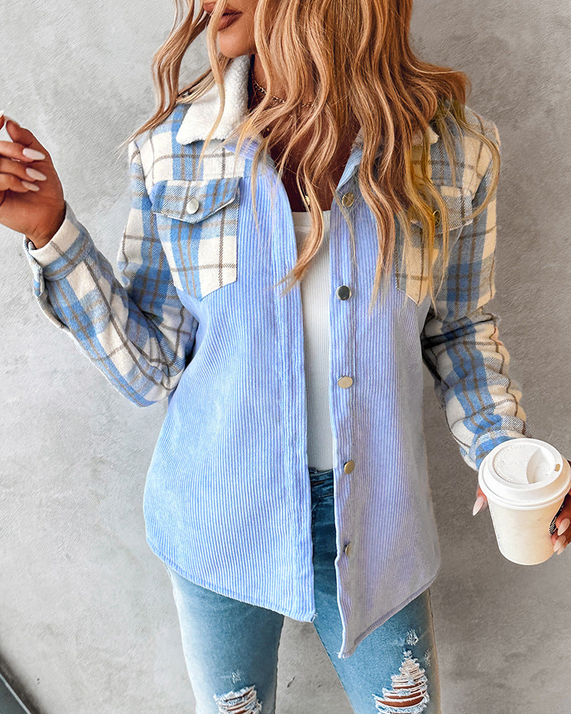 Women Autumn Jacket Corduroy Relaxed Fit With Printed Color Block And Long Sleeves