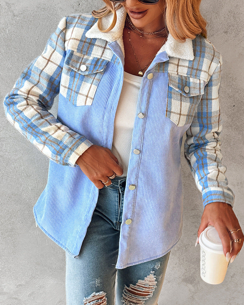 Women Autumn Jacket Corduroy Relaxed Fit With Printed Color Block And Long Sleeves