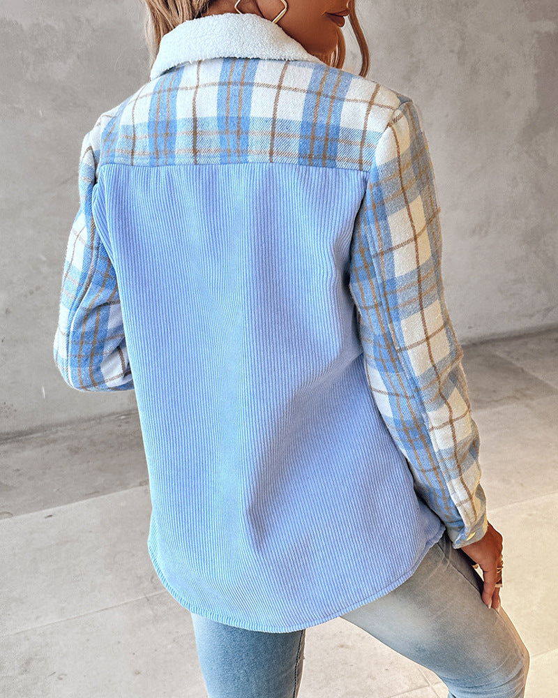 Women Autumn Jacket Corduroy Relaxed Fit With Printed Color Block And Long Sleeves