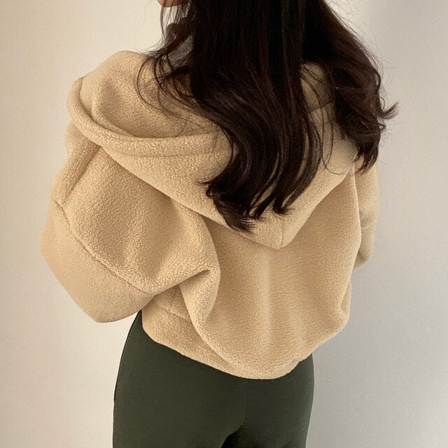 Women Autumn Winter Pullover Hooded With Lamb Wool Texture And Loose Fit