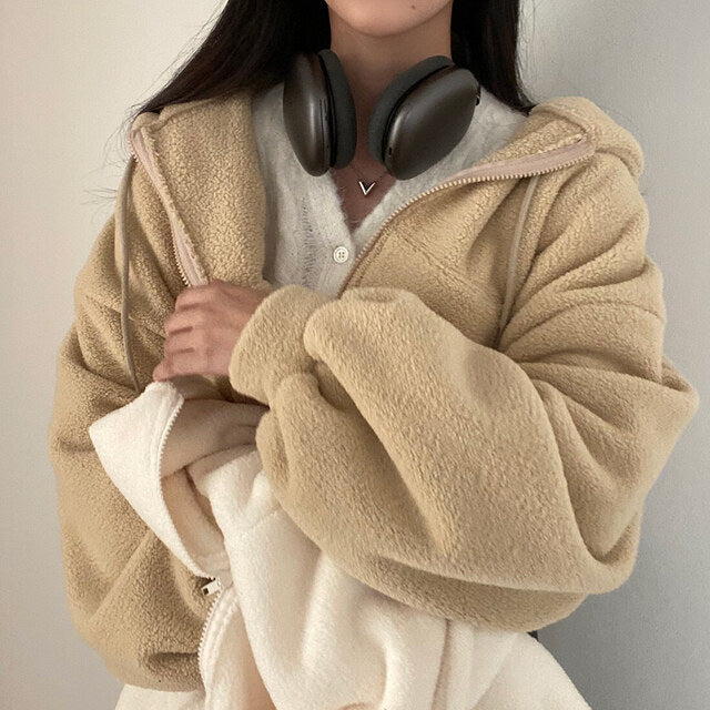 Women Autumn Winter Pullover Hooded With Lamb Wool Texture And Loose Fit