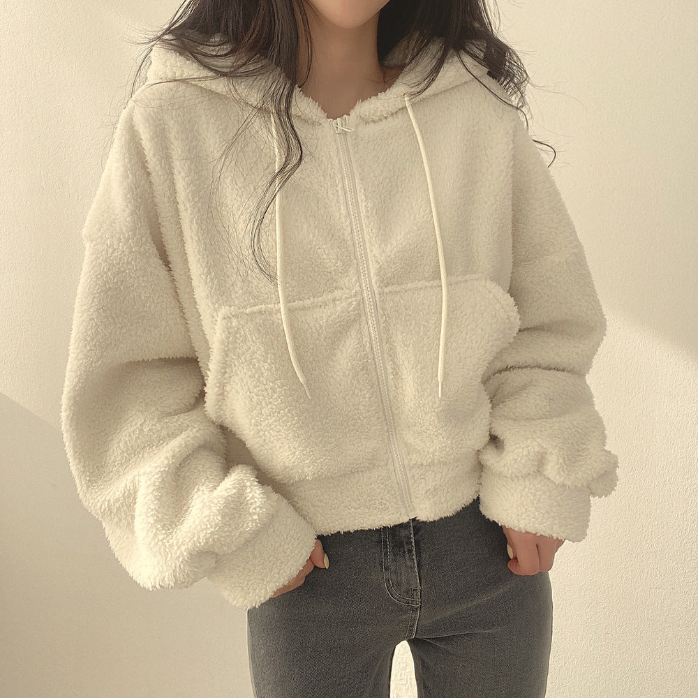 Women Autumn Winter Pullover Hooded With Lamb Wool Texture And Loose Fit
