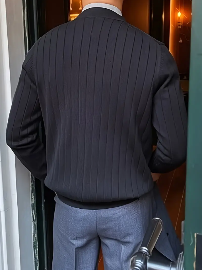 Men's V-Neck Long Sleeve Sweater Solid Color With Ribbed Cuffs