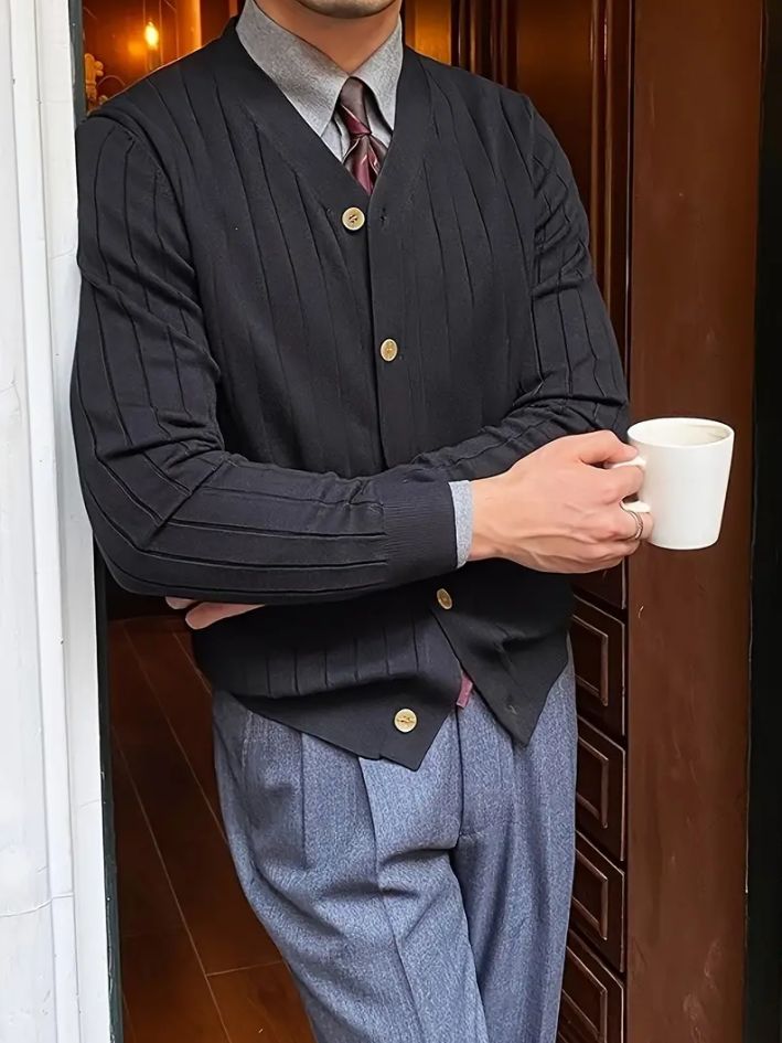 Men's V-Neck Long Sleeve Sweater Solid Color With Ribbed Cuffs