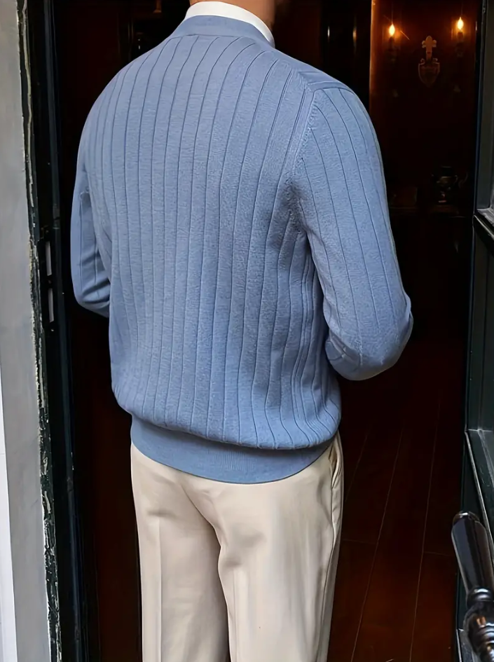 Men's V-Neck Long Sleeve Sweater Solid Color With Ribbed Cuffs