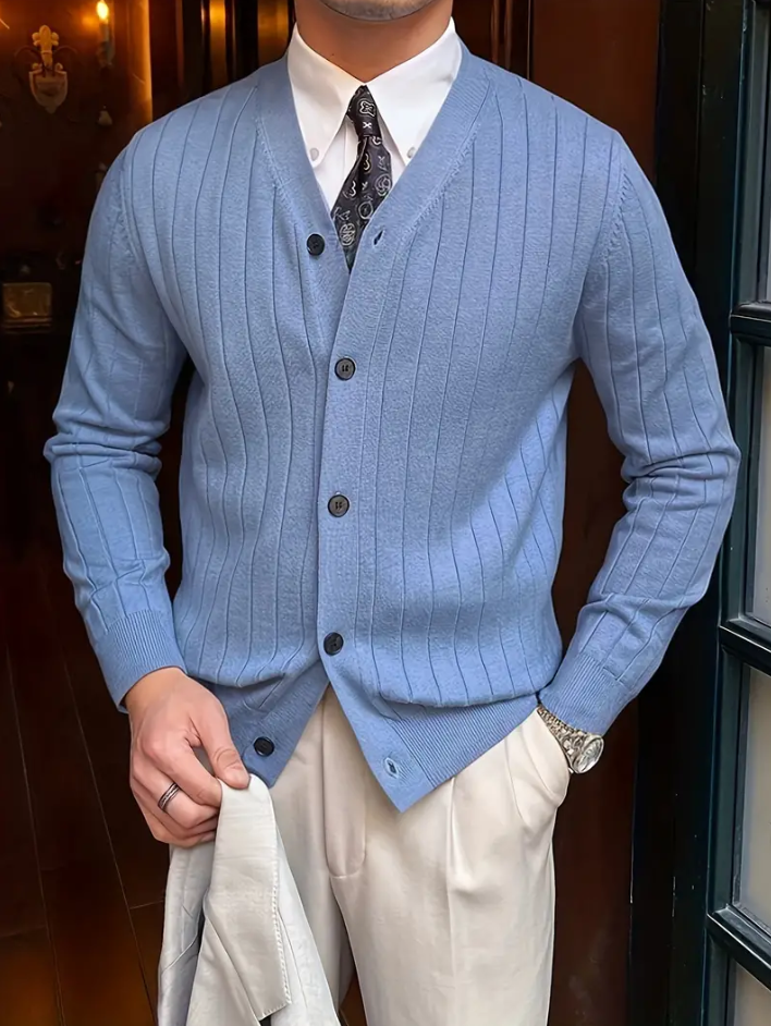 Men's V-Neck Long Sleeve Sweater Solid Color With Ribbed Cuffs