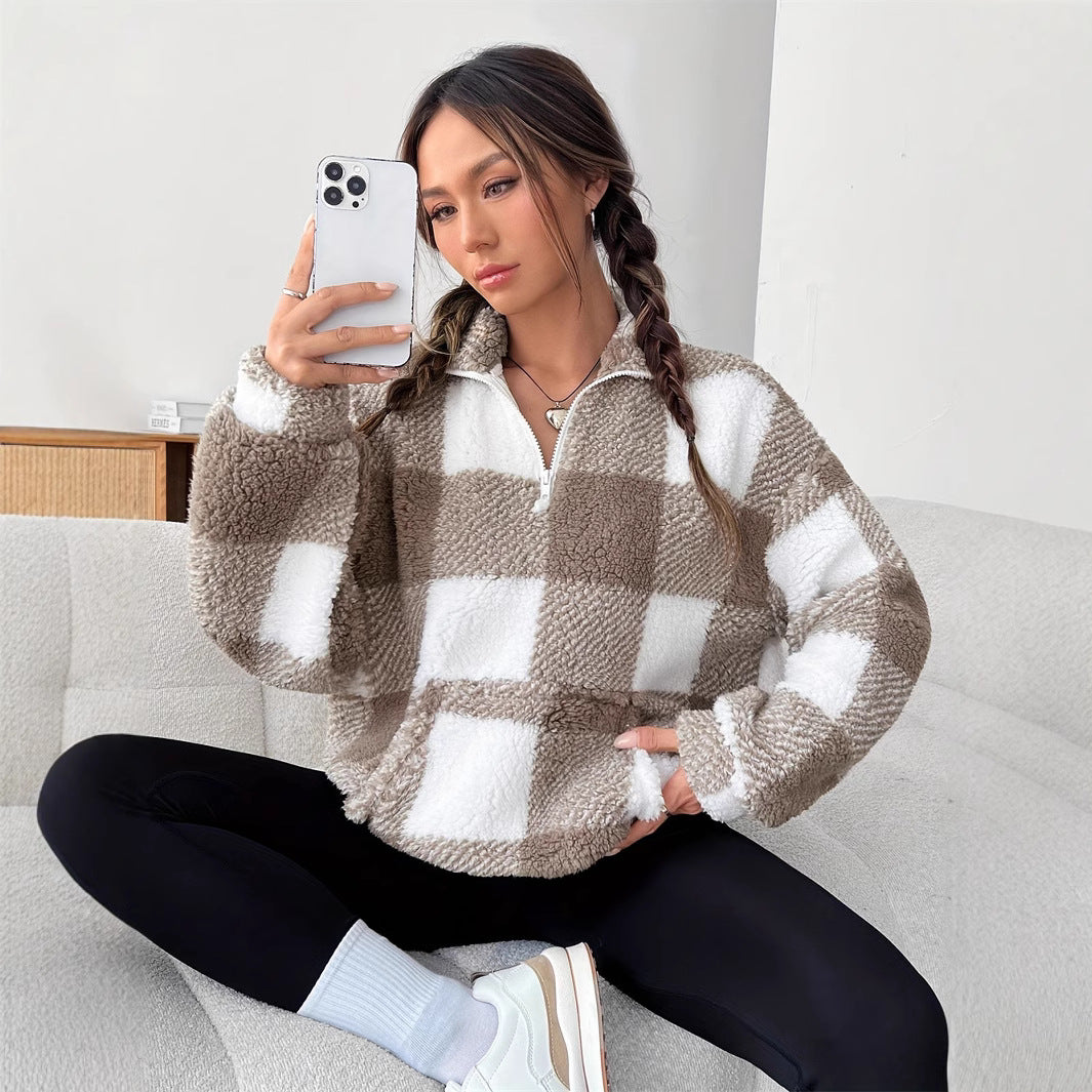 Women Winter Sweater Pullover Long Sleeve With Loose Fit And Mixed Striped Plaid Pattern