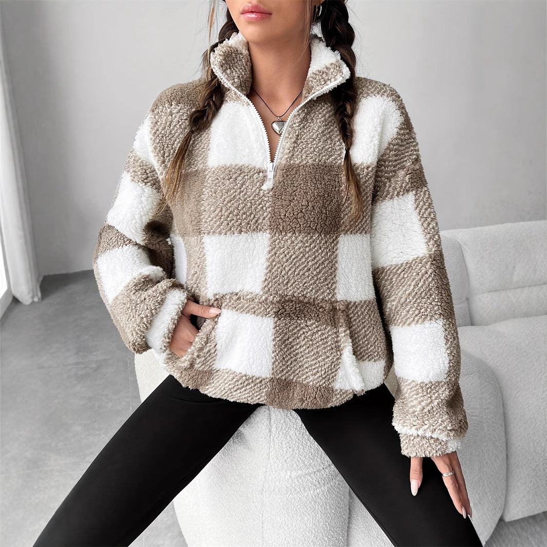 Women Winter Sweater Pullover Long Sleeve With Loose Fit And Mixed Striped Plaid Pattern