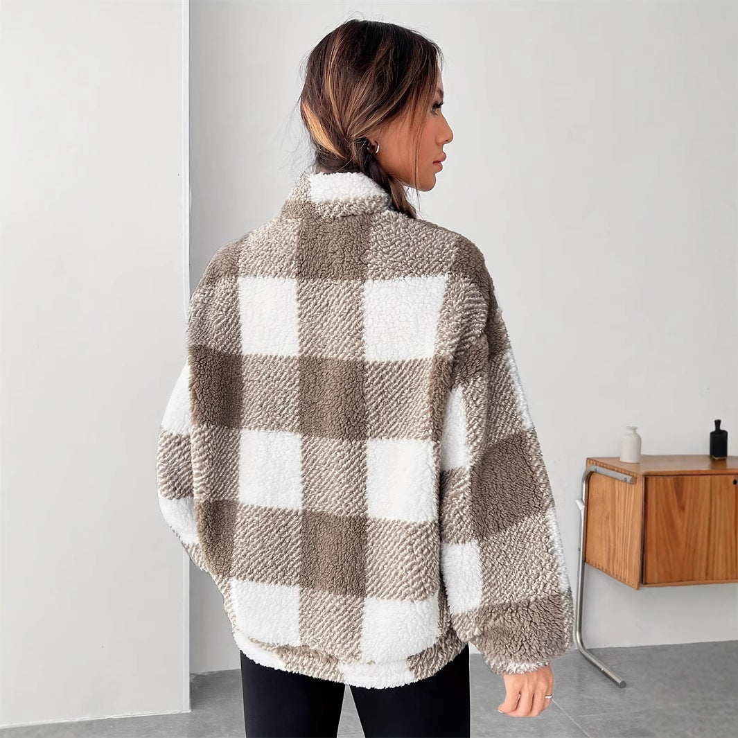 Women Winter Sweater Pullover Long Sleeve With Loose Fit And Mixed Striped Plaid Pattern